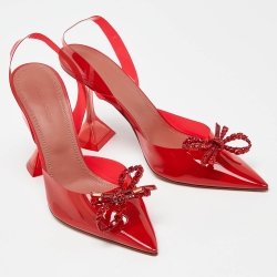 Pre Owned Amina Muaddi Red PVC Rosie Crystal Embellished Bow Slingback Pumps Size 38