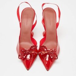 Pre Owned Amina Muaddi Red PVC Rosie Crystal Embellished Bow Slingback Pumps Size 38