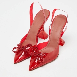 Pre Owned Amina Muaddi Red PVC Rosie Crystal Embellished Bow Slingback Pumps Size 38