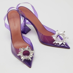 Pre Owned Amina Muaddi Purple PVC Begum Crystal Embellished Slingback Pumps Size 39.5