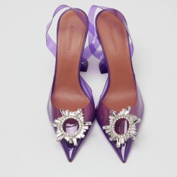 Pre Owned Amina Muaddi Purple PVC Begum Crystal Embellished Slingback Pumps Size 39.5