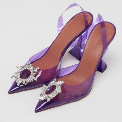 Pre Owned Amina Muaddi Purple PVC Begum Crystal Embellished Slingback Pumps Size 39.5