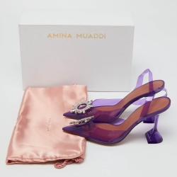 Pre Owned Amina Muaddi Purple PVC Begum Crystal Embellished Slingback Pumps Size 39.5