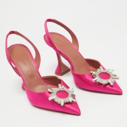 Pre Owned Amina Muaddi Pink Satin Begum Slingback Pumps Size 40.5 