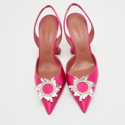 Pre Owned Amina Muaddi Pink Satin Begum Slingback Pumps Size 40.5 