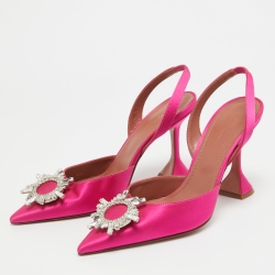 Pre Owned Amina Muaddi Pink Satin Begum Slingback Pumps Size 40.5 