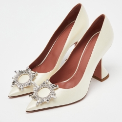 Pre Owned Amina Muaddi Ivory Satin Begum Pumps Size 38.5