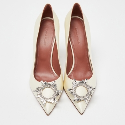 Pre Owned Amina Muaddi Ivory Satin Begum Pumps Size 38.5