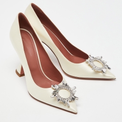 Pre Owned Amina Muaddi Ivory Satin Begum Pumps Size 38.5