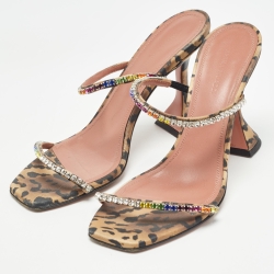Pre Owned Amina Muaddi Brown/Black Leopard Print Satin Crystal Embellished Gilda Sandals Size 37.5