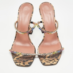 Pre Owned Amina Muaddi Brown/Black Leopard Print Satin Crystal Embellished Gilda Sandals Size 37.5