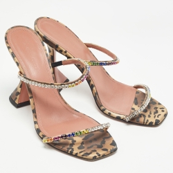 Pre Owned Amina Muaddi Brown/Black Leopard Print Satin Crystal Embellished Gilda Sandals Size 37.5