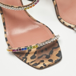 Pre Owned Amina Muaddi Brown/Black Leopard Print Satin Crystal Embellished Gilda Sandals Size 37.5