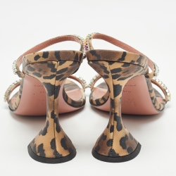 Pre Owned Amina Muaddi Brown/Black Leopard Print Satin Crystal Embellished Gilda Sandals Size 37.5