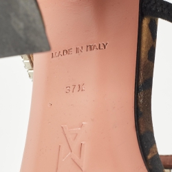 Pre Owned Amina Muaddi Brown/Black Leopard Print Satin Crystal Embellished Gilda Sandals Size 37.5