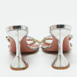 Pre Owned Amina Muaddi Silver Leather Crystal Embellished Gilda Sandals Size 37