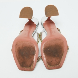 Pre Owned Amina Muaddi Silver Leather Crystal Embellished Gilda Sandals Size 37
