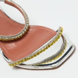 Pre Owned Amina Muaddi Silver Leather Crystal Embellished Gilda Sandals Size 37
