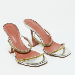 Pre Owned Amina Muaddi Silver Leather Crystal Embellished Gilda Sandals Size 37