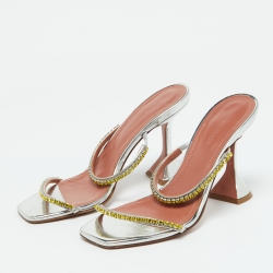 Pre Owned Amina Muaddi Silver Leather Crystal Embellished Gilda Sandals Size 37