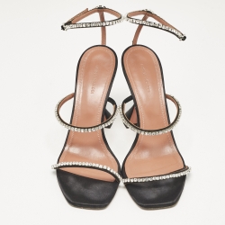 Pre Owned Amina Muaddi Black Satin Crystal Embellished Gilda Sandals Size 40.5