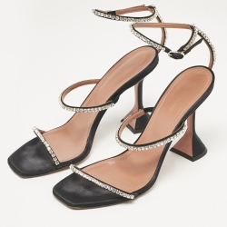 Pre Owned Amina Muaddi Black Satin Crystal Embellished Gilda Sandals Size 40.5