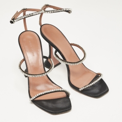 Pre Owned Amina Muaddi Black Satin Crystal Embellished Gilda Sandals Size 40.5
