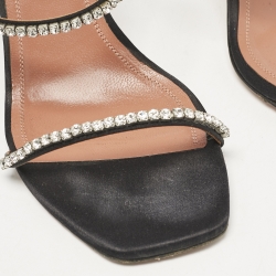 Pre Owned Amina Muaddi Black Satin Crystal Embellished Gilda Sandals Size 40.5