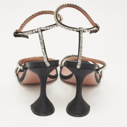 Pre Owned Amina Muaddi Black Satin Crystal Embellished Gilda Sandals Size 40.5