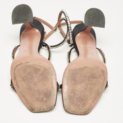 Pre Owned Amina Muaddi Black Satin Crystal Embellished Gilda Sandals Size 40.5