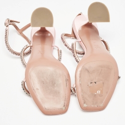 Pre Owned Amina Muaddi Pink Satin Crystal Embellished Gilda Sandals Size 38