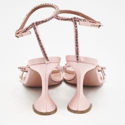 Pre Owned Amina Muaddi Pink Satin Crystal Embellished Gilda Sandals Size 38