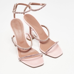 Pre Owned Amina Muaddi Pink Satin Crystal Embellished Gilda Sandals Size 38