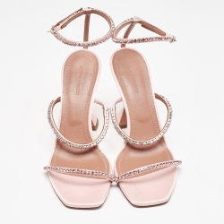 Pre Owned Amina Muaddi Pink Satin Crystal Embellished Gilda Sandals Size 38