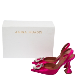 Pre Owned Amina Muaddi Pink Satin Begum Slingback Pumps Size 36.5