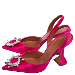 Pre Owned Amina Muaddi Pink Satin Begum Slingback Pumps Size 36.5
