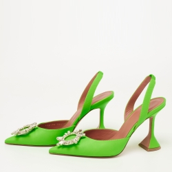 Pre Owned Amina Muaddi Neon Green Leather Begum Crystal Embellished Slingback Sandals Size 38.5