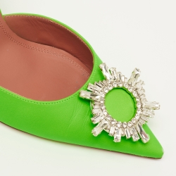 Pre Owned Amina Muaddi Neon Green Leather Begum Crystal Embellished Slingback Sandals Size 38.5
