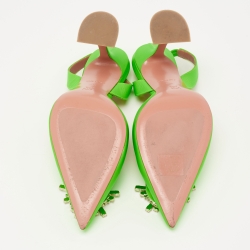 Pre Owned Amina Muaddi Neon Green Leather Begum Crystal Embellished Slingback Sandals Size 38.5