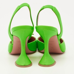 Pre Owned Amina Muaddi Neon Green Leather Begum Crystal Embellished Slingback Sandals Size 38.5