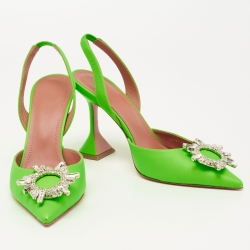 Pre Owned Amina Muaddi Neon Green Leather Begum Crystal Embellished Slingback Sandals Size 38.5
