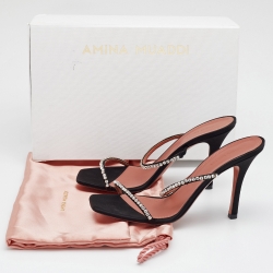 Pre Owned Amina Muaddi Black Satin Crystal Embellished Gilda Slide Sandals Size 40