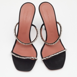 Pre Owned Amina Muaddi Black Satin Crystal Embellished Gilda Slide Sandals Size 40