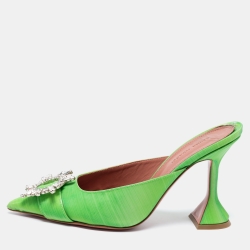 Amina Muaddi Green Vinyl Begum Crystal Embellished Mules Size 38