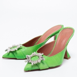Amina Muaddi Green Vinyl Begum Crystal Embellished Mules Size 38
