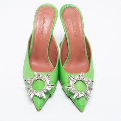 Amina Muaddi Green Vinyl Begum Crystal Embellished Mules Size 38
