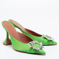 Amina Muaddi Green Vinyl Begum Crystal Embellished Mules Size 38