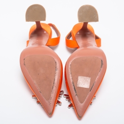Pre Owned Amina Muaddi Orange Satin Begum Crystal-Embellished Slingback Sandals Size 39