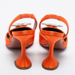 Pre Owned Amina Muaddi Orange Satin Begum Crystal-Embellished Slingback Sandals Size 39