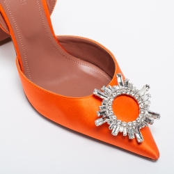 Pre Owned Amina Muaddi Orange Satin Begum Crystal-Embellished Slingback Sandals Size 39